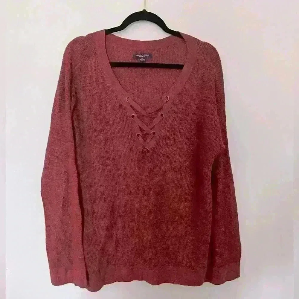 American Eagle Jegging Fit Brick Red Long Sleeve Lace Up V Neck Sweater Size L